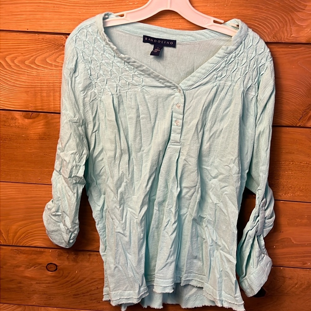 Bandolino‎ Womens Aqua Blue Cotton Gauze Smocked Henley Blouse L Coastal Beachy